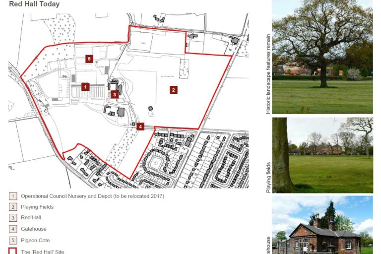 Red Hall boundary overlaid with a current map, showing the additional changes from 1849, including housing outside of the boundary lines
