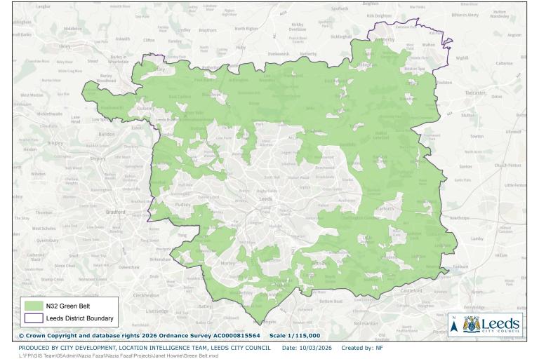 map showing green belt areas, these cover the majority of outer areas of the Leeds district outside of the city centre and town centres