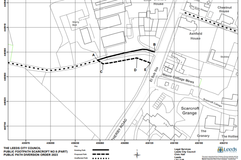 Map showing public right of way over land situated at Wood Farm, Wetherby Road, Scarcroft, Leeds 